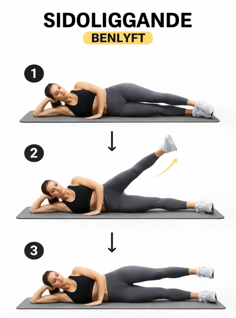 Övning för höftledsartros. Sidoliggande benlyft - Lyft benet upp åt sidan