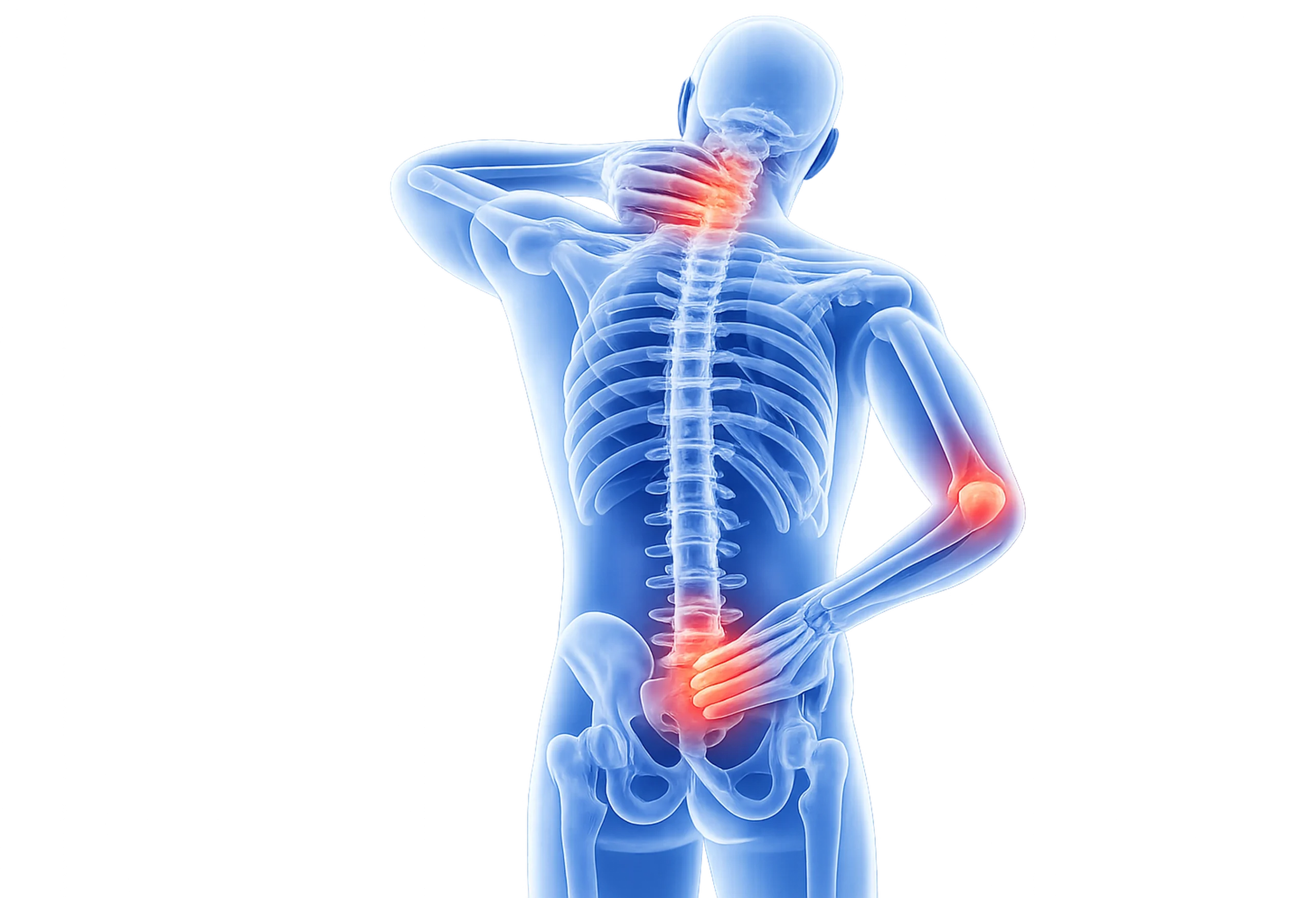 Andra besvär i kroppen. Smärta i kroppen med markering i nacke, armbåge och ländrygg