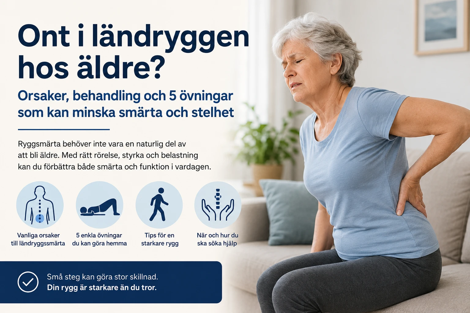 Ont i ländryggen hos äldre. Äldre kvinna med ont i ländryggen och illustration om orsaker, behandling och övningar för ryggsmärta hos äldre